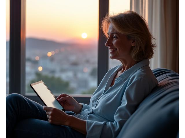 Μια γυναίκα 40+ που παρακολουθεί ένα webinar ευεξίας σε tablet, με φόντο το ηλιοβασίλεμα στην Αθήνα.